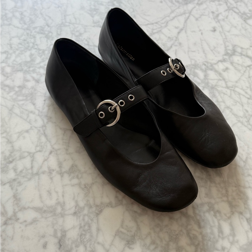 Reformation Black and Silver Loafers with Metal Buckle